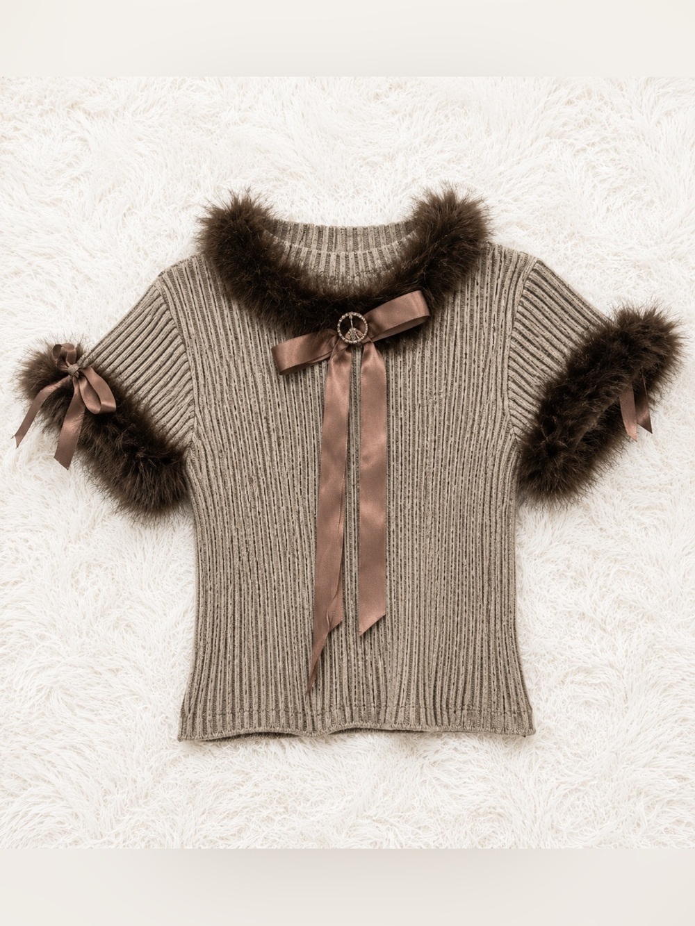Michaels Cream and Brown Ribbed Top with Faux Fur Collar and Bow